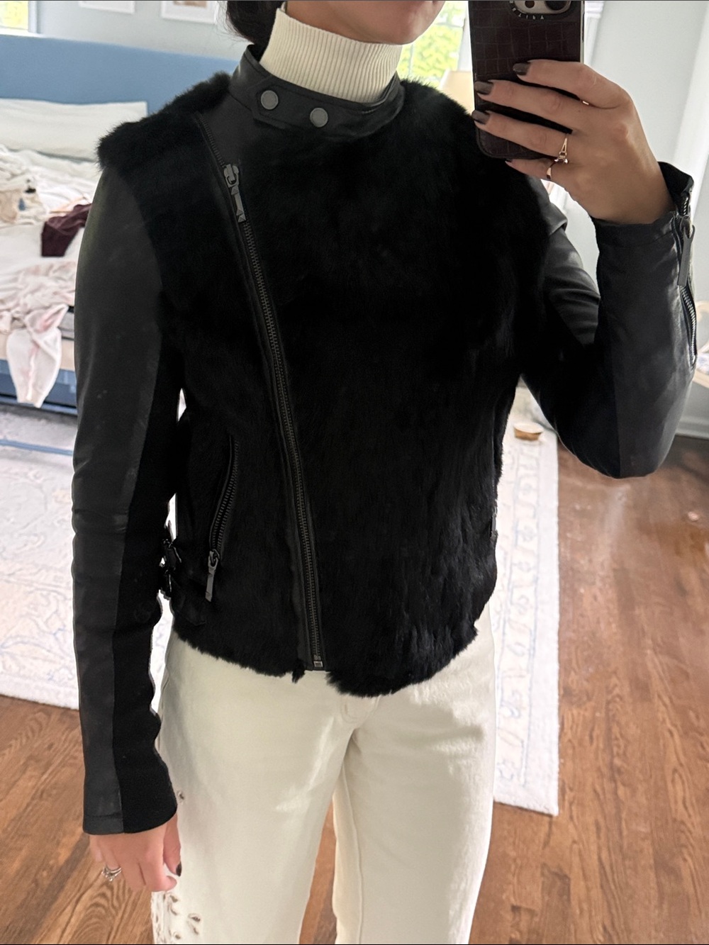 BCBGMaxAzria Black Leather Jacket with Fur Front Panels Funnel Neck